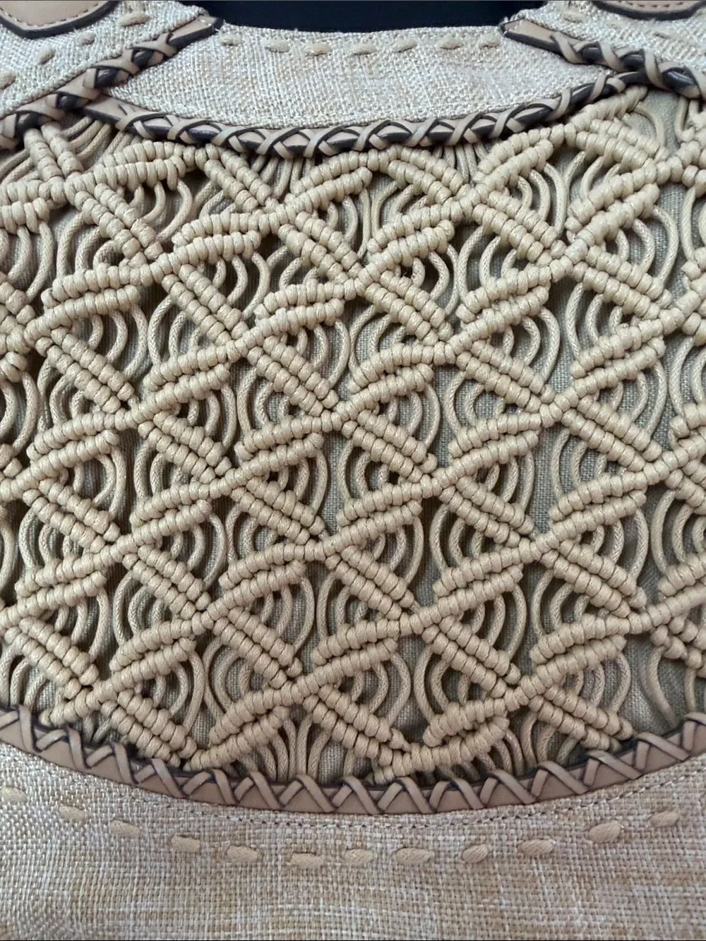 Beige Macramé Hobo Bag with Braided Ring Handles
